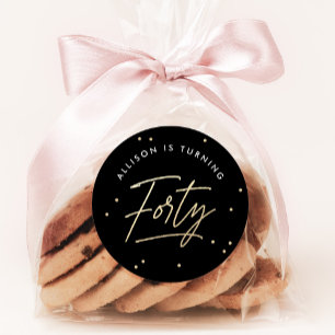 Modern Black Gold Calligraphy 40th Birthday Classic Round Sticker