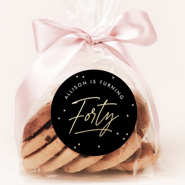 Modern Black Gold Calligraphy 40th Birthday Classic Round Sticker (Creator Uploaded)