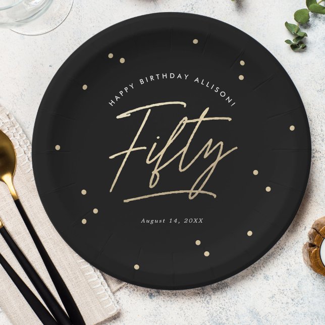 Modern Black Gold Calligraphy 50th Birthday Paper Plates (Creator Uploaded)