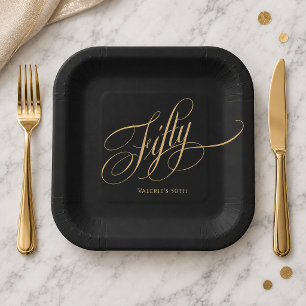 Modern Black Gold Calligraphy Script 50th Birthday Paper Plates
