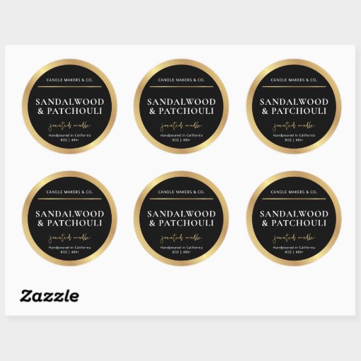Modern Black & Gold Candle Circle Label Packaging | Zazzle