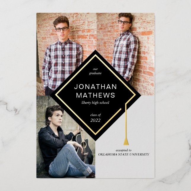 Modern Black Gold Cap Photo Graduation Foil Invitation (Front)