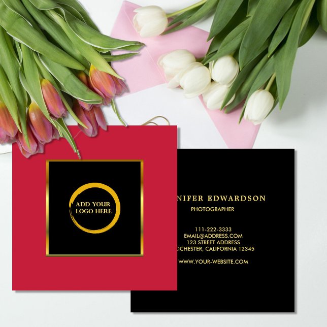 Modern black gold cardinal red add logo square business card (Modern black gold and cardinal red add logo square business card. Minimalistic business card.)