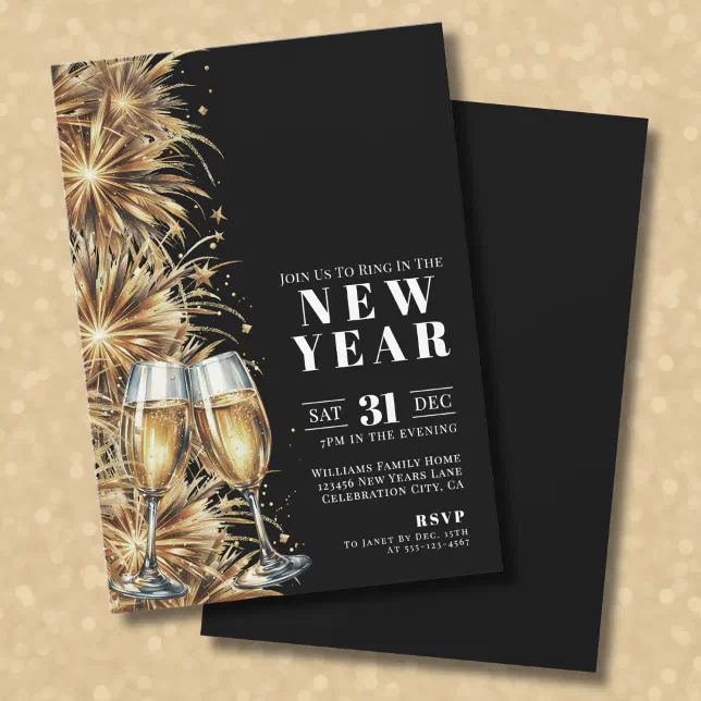 Modern Black Gold Champagne New Year's Eve Party Invitation | Zazzle