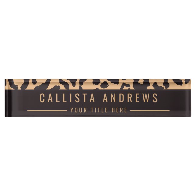 Modern Black Gold Cheetah Leopard Animal Print Desk Name Plate (Front)