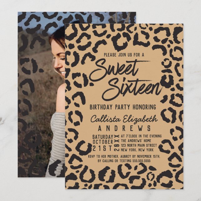 Modern Black Gold Cheetah Leopard Sweet 16 Photo Invitation (Front/Back)