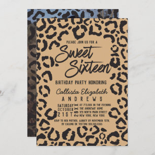 Modern Black Gold Cheetah Leopard Sweet 16 Photo Invitation