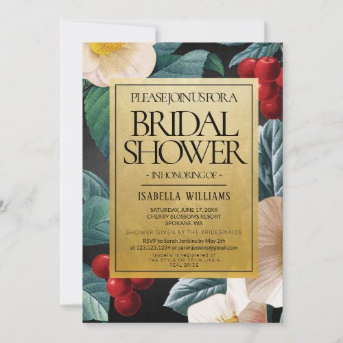 Modern Black Gold Cherry Blossoms Bridal Shower Invitation