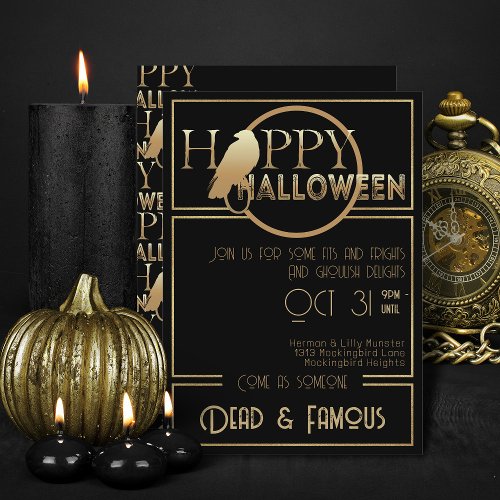 Modern Black Gold Chic Adult Glam Halloween Party  Invitation