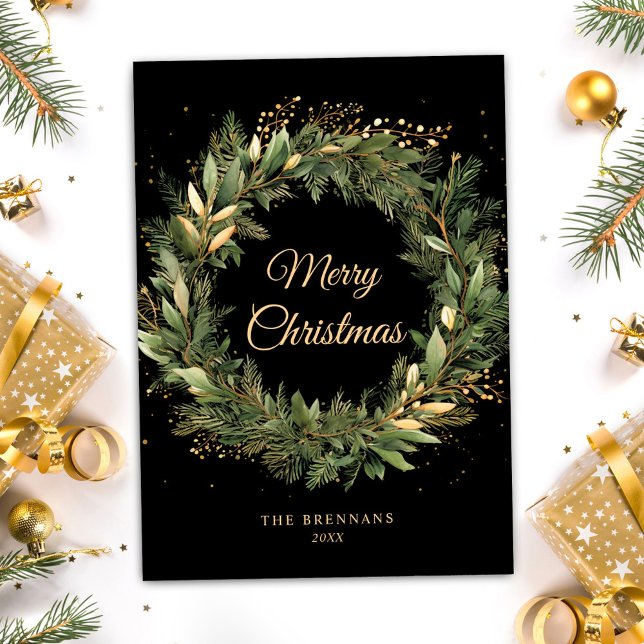 Modern Black Gold Christmas Greenery Botanical Holiday Card (Modern Black Gold Christmas Greenery Botanical Holiday Card)
