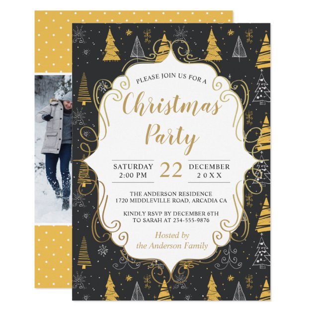 Modern Black Gold Christmas Holiday Party Photo Invitation