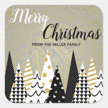 Modern Black Gold Christmas Holiday Square Sticker by ThreeFoursDesign at Zazzle