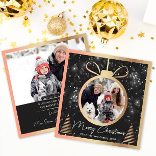 Modern Black Gold Christmas Ornament 2 Photo Holiday Card