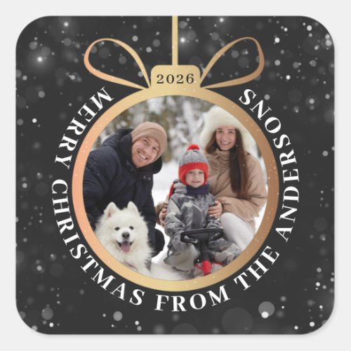 Modern Black Gold Christmas Ornament Holiday Photo Square Sticker