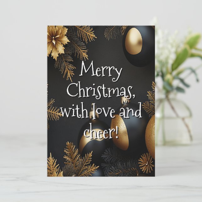 Modern Black & Gold Christmas Ornaments Typography Holiday Card (Standing Front)