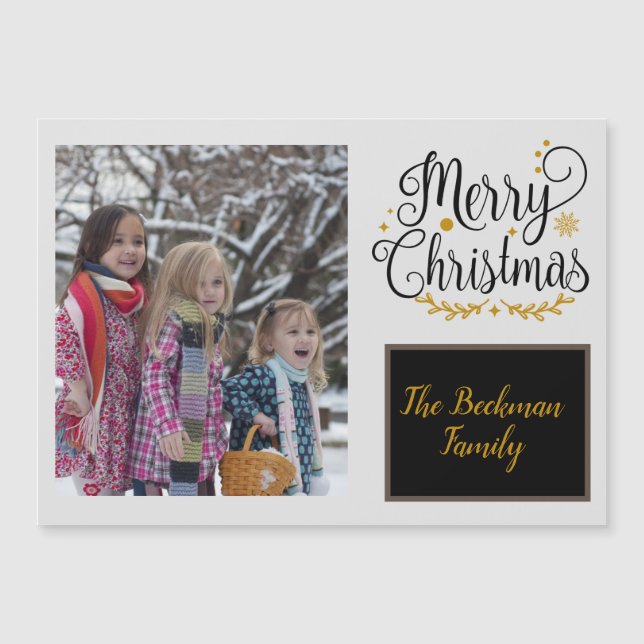Modern Black & Gold  Christmas Photo Magnetic Card (Front)