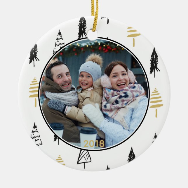 Modern Black & Gold Christmas Tree Pattern Ceramic Ornament (Front)