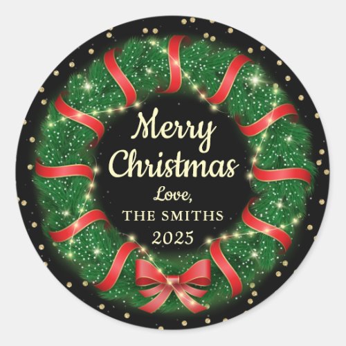 Modern Black Gold Christmas Wreath Holiday Classic Round Sticker