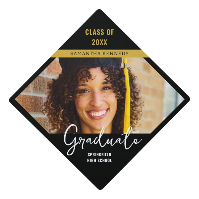 Modern Black & Gold Class of 2025 Grad Cap Photo  (Front)