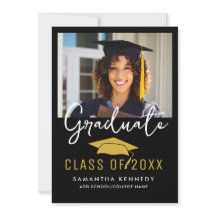 Modern Black & Gold Class of 2025 Grad Cap Photo