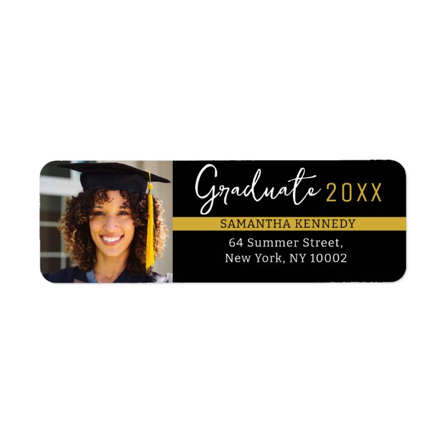 Modern Black & Gold Class of 2025 Grad Cap Photo  Label (Front)