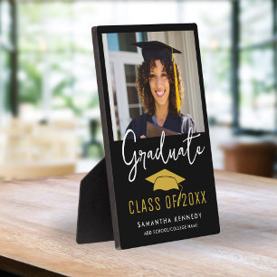Modern Black & Gold Class of 2025 Grad Cap Photo Plaque