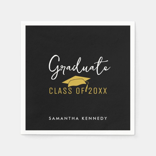 Modern Black & Gold Class of 2025 Graduation Cap Napkins (Front)