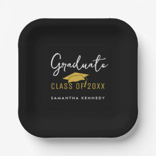 Modern Black & Gold Class of 2025 Graduation Cap Paper Plates