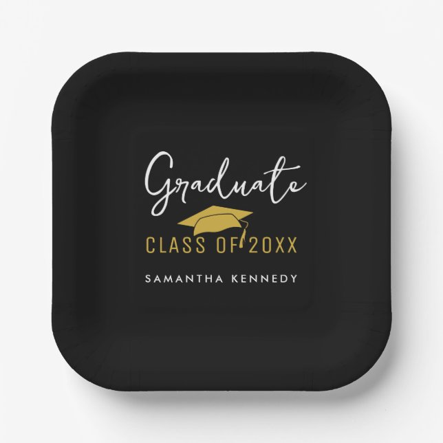 Modern Black & Gold Class of 2025 Graduation Cap Paper Plates (Front)