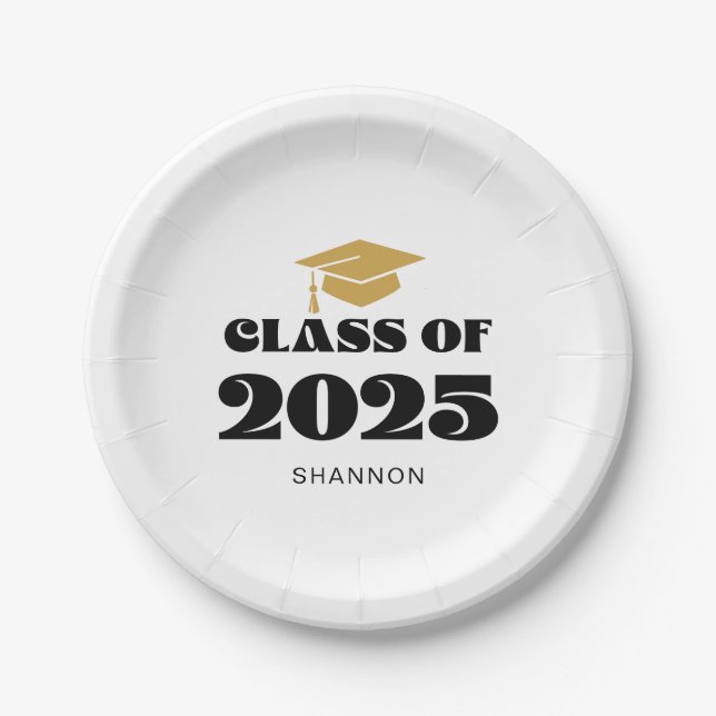 Modern Black Gold Class of 2025 Paper Plates (Front)
