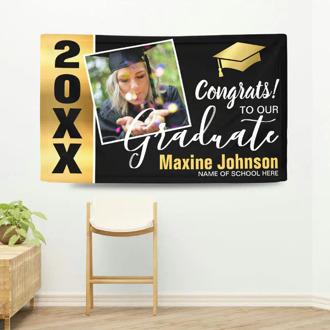 Modern Black & Gold Class of 2026 Photo Graduation Banner | Zazzle