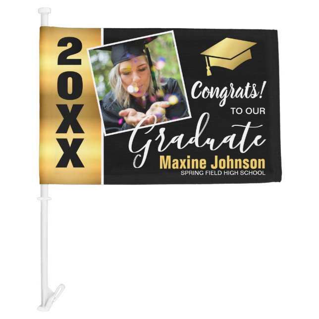 Modern Black & Gold Class of 2026 Photo Graduation Car Flag (Front)