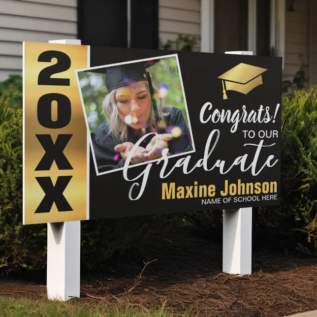 Modern Black & Gold Class of 2026 Photo Graduation Sign | Zazzle