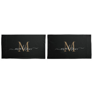 Modern Black Gold Classic Monogram Feminine Script Pillow Case