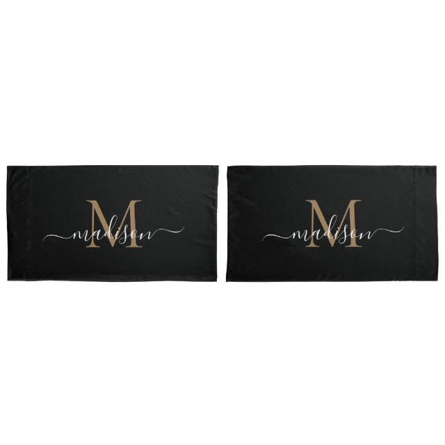 Modern Black Gold Classic Monogram Feminine Script Pillow Case (Front-Set)