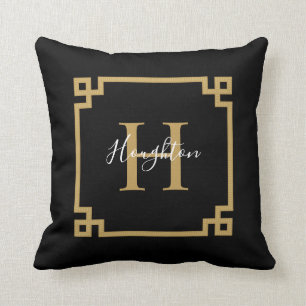 Modern Black Gold Classic Monogram Throw Pillow