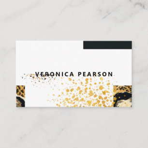 Modern Black & Gold Color Block Leopard Print Business Card