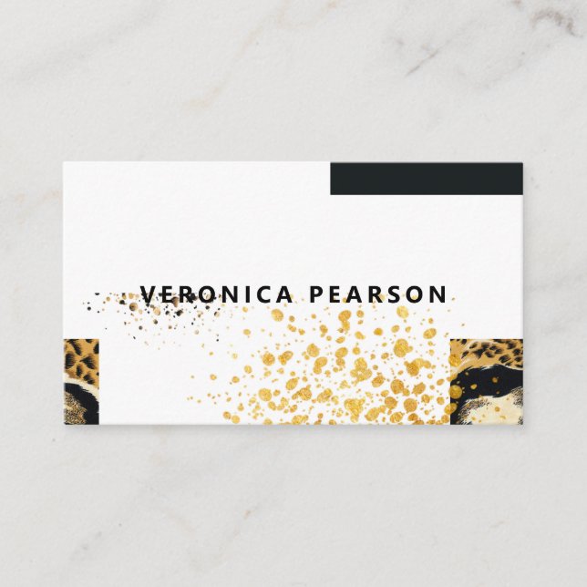 Modern Black & Gold Color Block Leopard Print Business Card (Front)