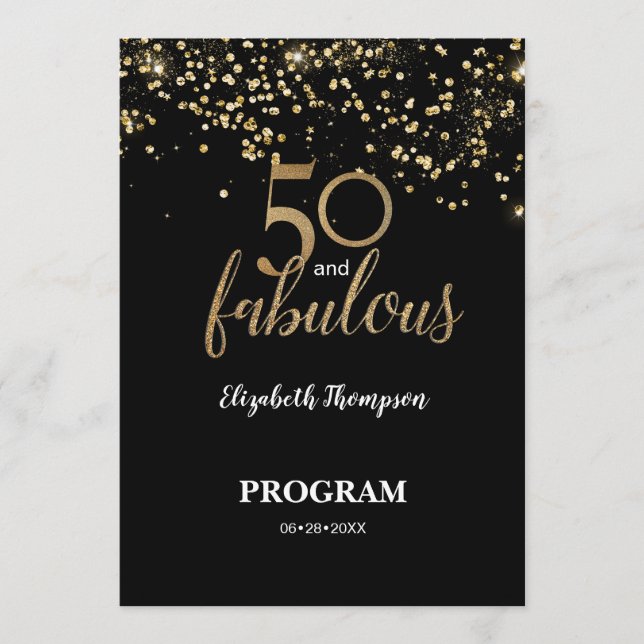 Modern Black Gold confetti 50 and fabulous  Program (Front)