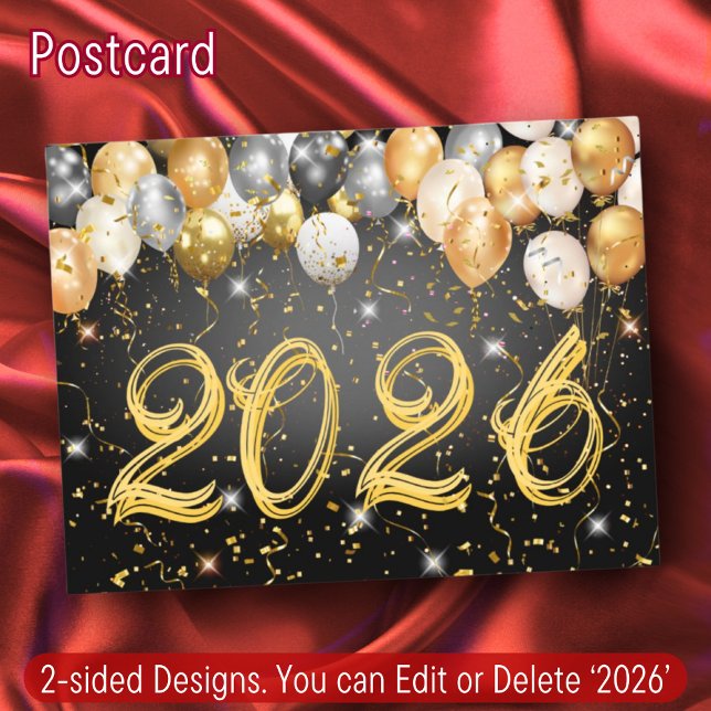 Modern Black & Gold Confetti Balloons New Year Eve Holiday Postcard (Creator Uploaded)