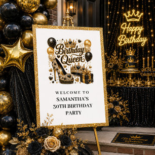 Modern Black Gold Confetti Birthday Queen Welcome  Poster