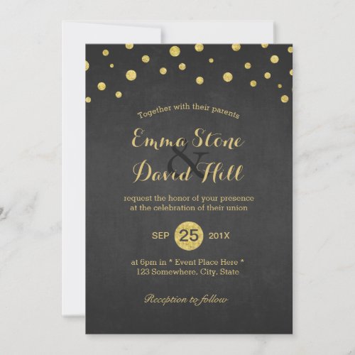 Modern Black &amp; Gold Confetti Dots Wedding 5x7 Paper Invitation Card