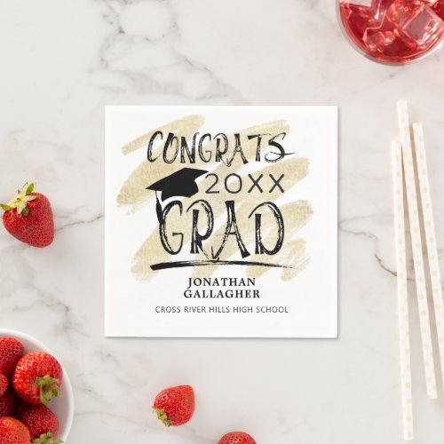 Modern Black Gold CONGRATS GRAD Brush Typography Napkins