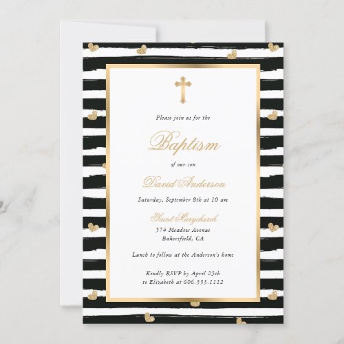 Modern Black Gold Cross Glitter Hearts Baptism Invitation