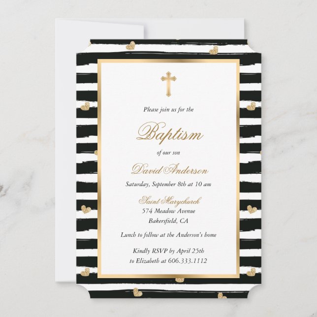 Modern Black Gold Cross Hearts Baptism Invitation (Front)
