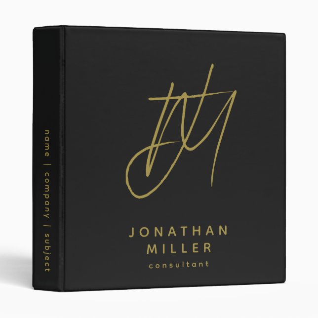 Modern Black Gold Custom Monogram 3 Ring Binder (Front/Spine)