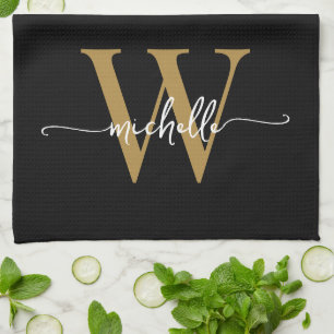 Modern Black Gold Custom Monogram Name Script Kitchen Towel