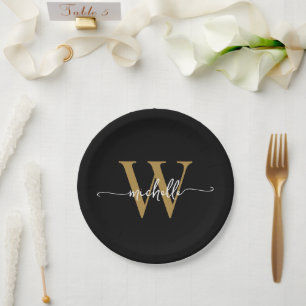 Modern Black Gold Custom Monogram Name Script  Paper Plates