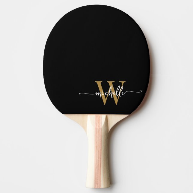 Modern Black Gold Custom Monogram Name Script Ping Pong Paddle (Front)