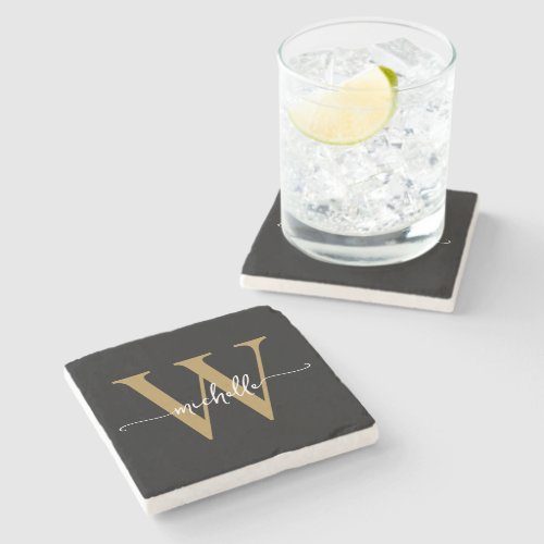 Modern Black Gold Custom Monogram Name Script  Stone Coaster